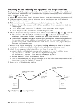 Obtaining P1 and attaching test equipment to a single–mode link
This procedure checks the single-mode test cables and establishes the power output of the optical source
using these cables. It then shows how to attach this test equipment to a single-mode link terminated by
duplex connectors on both ends.
1. Obtain P0 if you have not already done so, or if power to the optical source has been switched off.
2. Make sure the laser module “plug-in” is inserted into the optical source, and the ST adapter is
inserted into the power meter.
3. Make sure all connectors are clean; then assemble the test equipment (see Figure 57).
a. Remove the red-coded connector of ST-to-ST test cable 1 from the power meter; then attach it to
an ST coupler.
b. Attach the red-coded connector of ST test cable 2 to the other end of the ST coupler.
c. Attach the yellow-coded end of ST test cable 2 to the power meter.
4. Observe the power meter display. The maximum difference allowed between P1 and P0 is 0.4 dB.
v If the difference is less than 0.4 dB, record the value as P1 on the work sheet selected from
Appendix E, “Work Sheets,” on page 113 for the fiber being tested; then go to the next step.
v If the difference is greater than 0.4 dB, clean the cable connectors and test equipment connections;
then retry the test. If the test still fails, replace each cable and then each coupler with known
operational components until the test does not fail. If the test continues to fail, replace the optical
source and then the power meter.
5. Remove the ST coupler between the 2 ST-to-ST test cables. Do not switch off power to the optical
source, and do not disconnect the test cables from the optical source or the power meter.
6. Attach the test equipment to the link as follows (see Figure 58 on page 69):
a. Attach a duplex-to-ST adapter to each red-coded connector of the two ST-to-ST test cables.
1) Attach ST-to-ST test cable 1 to the A side of duplex-to-ST adapter 1.
2) Attach ST-to-ST test cable 2 to the B side of duplex-to-ST adapter 2.
b. Connect one end of the link to duplex-to-ST adapter 1.
c. Take the power meter and attached test equipment to the next point in the link you want to check;
then connect that end to duplex-to-ST adapter 2.
7. Return to the MAP that directed you here.
Figure 57. Obtaining P1 for a single-mode link
68 Maintenance Information for Fiber Optic Links
 