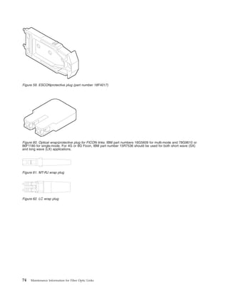Figure 59. ESCONprotective plug (part number 18F4017)
Figure 60. Optical wrap/protective plug for FICON links. IBM part numbers 16G5609 for multi-mode and 78G9610 or
86F1180 for single-mode. For 4G or 8G Ficon, IBM part number 15R7536 should be used for both short wave (SX)
and long wave (LX) applications.
Figure 61. MT-RJ wrap plug
Figure 62. LC wrap plug
74 Maintenance Information for Fiber Optic Links
 
