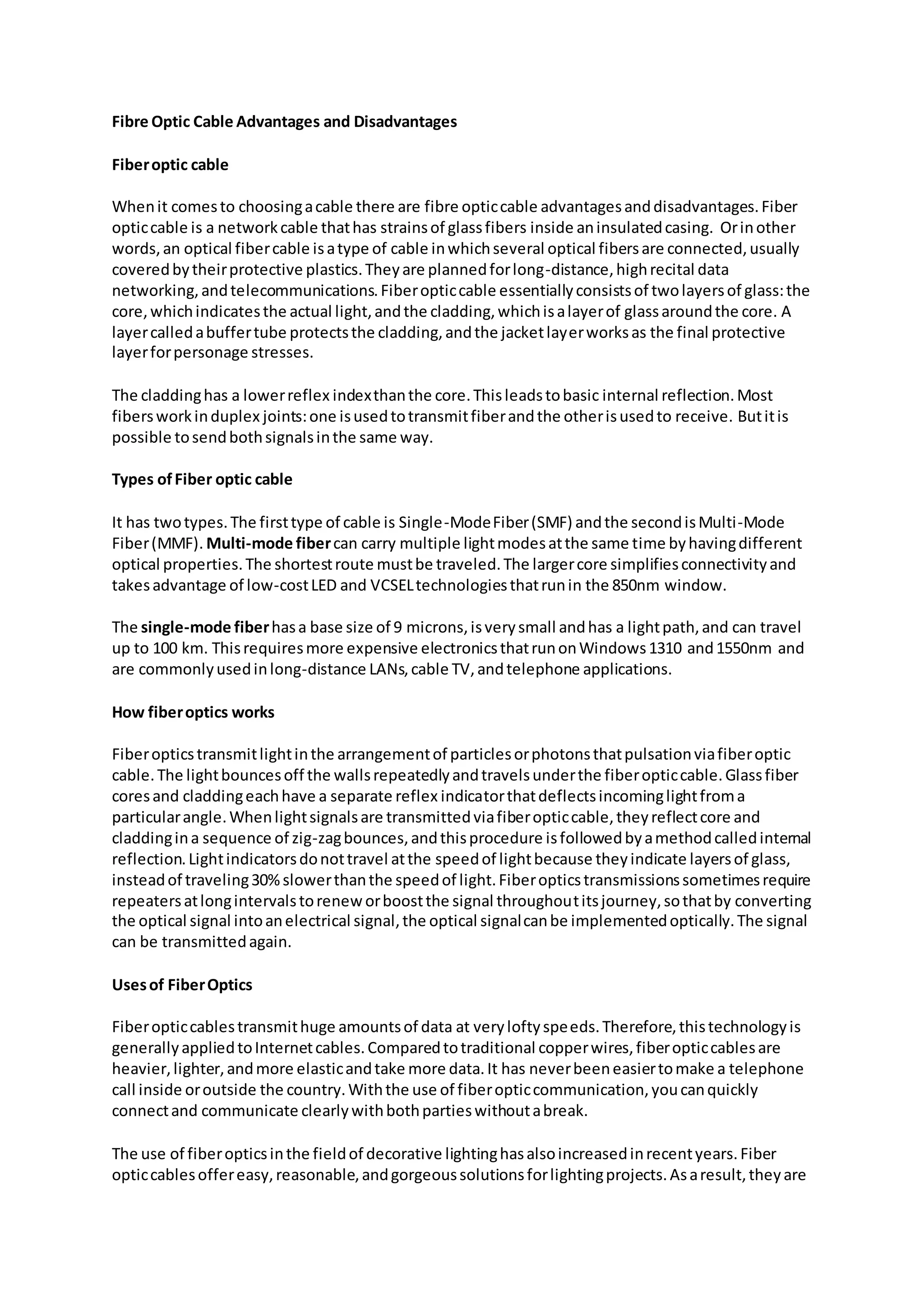 Fibre optic cable advantages and disadvantages PDF