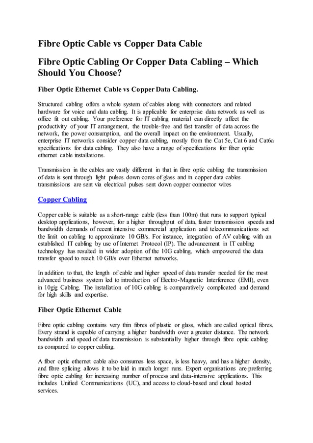 Fibre optic cable vs copper data cable PDF