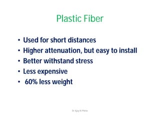 Plastic Fiber
• Used for short distances
• Higher attenuation, but easy to install
• Better withstand stress
• Less expensive
• 60% less weight
Dr Ajay N Phirke
 