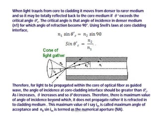 When light travels from core to cladding it moves from denser to rarer medium
and so it may be totally reflected back to the core medium if  ‘ exceeds the
critical angle 'c. The critical angle is that angle of incidence in denser medium
(n1) for which angle of refraction become 90°. Using Snell’s laws at core cladding
interface,
or
Therefore, for light to be propagated within the core of optical fiber as guided
wave, the angle of incidence at core-cladding interface should be greater than 'c.
As i increases,  increases and so ' decreases. Therefore, there is maximum value
of angle of incidence beyond which, it does not propagate rather it is refracted in
to cladding medium . This maximum value of i say im is called maximum angle of
acceptance and n0 sin im is termed as the numerical aperture (NA).Dr Ajay N Phirke
 