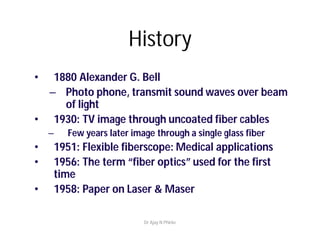 • 1880 Alexander G. Bell
– Photo phone, transmit sound waves over beam
of light
• 1930: TV image through uncoated fiber cables
– Few years later image through a single glass fiber
• 1951: Flexible fiberscope: Medical applications
• 1956: The term “fiber optics” used for the first
time
• 1958: Paper on Laser & Maser
History
Dr Ajay N Phirke
 