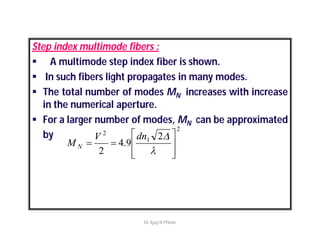 Step index multimode fibers :
 A multimode step index fiber is shown.
 In such fibers light propagates in many modes.
 The total number of modes MN increases with increase
in the numerical aperture.
 For a larger number of modes, MN can be approximated
by
2
1
2
2
9.4
2 









dnV
M N
Dr Ajay N Phirke
 