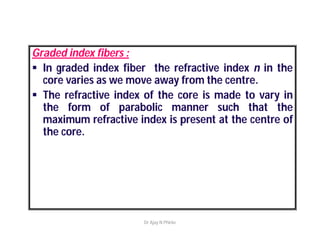 Graded index fibers :
 In graded index fiber the refractive index n in the
core varies as we move away from the centre.
 The refractive index of the core is made to vary in
the form of parabolic manner such that the
maximum refractive index is present at the centre of
the core.
Dr Ajay N Phirke
 