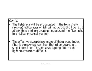 Contd.
• The light rays will be propagated in the form skew
rays (or) helical rays which will not cross the fiber axis
at any time and are propagating around the fiber axis
in a helical or spiral manner.
• The effective acceptance angle of the graded-index
fiber is somewhat less than that of an equivalent
step-index fiber. This makes coupling fiber to the
light source more difficult.
Dr Ajay N Phirke
 