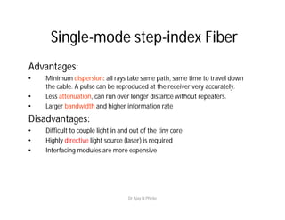 Single-mode step-index Fiber
Advantages:
• Minimum dispersion: all rays take same path, same time to travel down
the cable. A pulse can be reproduced at the receiver very accurately.
• Less attenuation, can run over longer distance without repeaters.
• Larger bandwidth and higher information rate
Disadvantages:
• Difficult to couple light in and out of the tiny core
• Highly directive light source (laser) is required
• Interfacing modules are more expensive
Dr Ajay N Phirke
 