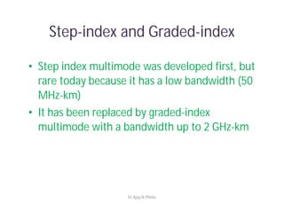Step-index and Graded-index
• Step index multimode was developed first, but
rare today because it has a low bandwidth (50
MHz-km)
• It has been replaced by graded-index
multimode with a bandwidth up to 2 GHz-km
Dr Ajay N Phirke
 