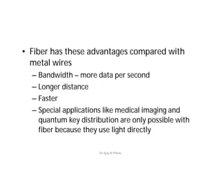 • Fiber has these advantages compared with
metal wires
– Bandwidth – more data per second
– Longer distance
– Faster
– Special applications like medical imaging and
quantum key distribution are only possible with
fiber because they use light directly
Dr Ajay N Phirke
 