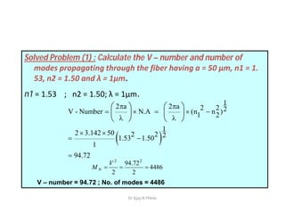 Solved Problem (1) : Calculate the V – number and number of
modes propagating through the fiber having a = 50 μm, n1 = 1.
53, n2 = 1.50 and λ = 1μm.
n1 = 1.53 ; n2 = 1.50; λ = 1μm.
 
1
2 a 2 a 2 2 2V - Number N.A (n n )1 2
1
2 3.142 50 2 2 21.53 1.50
1
94.72
 
    
 
 
 

   
   
   
4486
2
72.94
2
22

V
M N
V – number = 94.72 ; No. of modes = 4486
Dr Ajay N Phirke
 