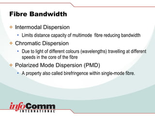 Fibre Bandwidth Intermodal Dispersion Limits distance capacity of multimode  fibre reducing bandwidth Chromatic Dispersion Due to light of different colours (wavelengths) travelling at different  speeds in the core of the fibre Polarized Mode Dispersion (PMD) A property also called birefringence within single-mode fibre. 
