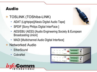 Audio TOSLINK (TOShiba-LINK) ADAT (Lightpipe)[ Alesis Digital Audio Tape] SPDIF [ Sony Philips Digital InterFace ] AES/EBU (AES3) [Audio Engineering Society & European Broadcasting Union] MADI [Multichannel Audio Digital Interface] Networked Audio EtherSound CobraNet 