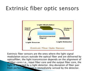 Extrinsic fiber sensors are the ones where the light signal
modulation occurs outside the optical fiber and are delivered by
opticalfiber, the light transmission depends on the alignment of
of fiber cores i.e., input fiber core and the output fiber core, the
light is detected by a light detector. Any deviation of fiber pair
from perfect alignment is immediately sensed by the detector.
 