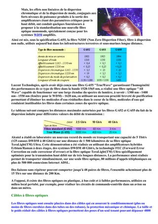 Mais, les effets non linéaires de la dispersion
       chromatique et de la dispersion de mode, conjugués aux
       forts niveaux de puissance produits à la sortie des
       amplificateurs étant des paramètres critiques pour le
       haut débit, ont conduit quelques fournisseurs à
       proposer à la standardisation une nouvelle fibre
       optique monomode, spécialement conçue pour les
       systèmes WDM amplifiés.
Ainsi est née, sous la spécification G-655, la fibre NZDF (Non Zero Dispertion Fiber), fibre à dispersion
non nulle, utilisée aujourd'hui dans les infrastructures terrestres et sous-marines longue distance.




Lucent Technologies, après avoir déjà conçu une fibre G-655 "TrueWave" garantissant l'homogénéité
des performances de ce type de fibre dans la bande 1528-1565 nm, a réalisé une fibre optique "All
Wave" capable de fonctionner sur une large étendue du spectre de lumière, à savoir : 1300 nm - 1400
nm - 1550 nm (fenêtre pour le WDM) - 1620 nm, en utilisant un nouveau procédé breveté de purification
permettant d'éliminer les molécules d'eau résiduelles dans le coeur de la fibre, molécules d'eau qui
rendaient inutilisables les fibres dans certaines zones du spectre optique.

Le tableau suivant compare les distances maximales autorisées par les fibres G 652 et G 655 du fait de la
dispersion induite pour différentes valeurs du débit de transmission :




Alcatel a établi en laboratoire un nouveau record du monde en transportant une capacité de 5 Tbit/s
(125 canaux DWDM à 40 Gbit/s) sur une distance de 1 500 kilomètres de sa fibre optique
TeraLight(TM) Ultra. Cette démonstration a été réalisée en utilisant des amplificateurs hybrides
Erbium/Raman à deux étages, des systèmes DWDM 40 Gbit/s, la technologie FEC (Forward Error
Correction ou code correcteur d'erreur) et la fibre optique TeraLight(TM) Ultra spécifiquement
optimisée pour la transmission haut débit sur de très longues distances. La performance ainsi réalisée
permet de transporter simultanément, sur une seule fibre optique, 80 millions d'appels téléphoniques ou
plus de 500 000 connexions Internet ADSL.

Des liaisons sans répéteur peuvent comporter jusqu'à 48 paires de fibres, l'ensemble acheminant plus de
15 Tb/s sur une distance de 200 Km.

A l'opposé, il existe des fibres optiques en plastique, à bas coût et à faibles performances, utilisées en
milieu local pertubé, par exemple, pour réaliser les circuits de commande-contrôle dans un avion ou
dans un métro.

Câbles à fibres optiques

Les fibres optiques sont ensuite placées dans des câbles qui en assurent le conditionnement (plus ou
moins de fibres enrobées dans des tubes ou des rubans), la protection mécanique et chimique. La taille et
le poids réduit des câbles à fibres optiques permettent des poses d'un seul tenant pouvant dépasser 4800
 