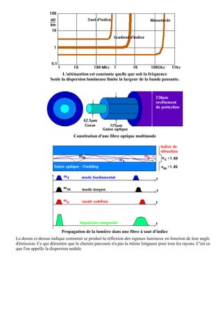 L'atténuation est constante quelle que soit la fréquence
                  Seule la dispersion lumineuse limite la largeur de la bande passante.




                               Constitution d'une fibre optique multimode




                        Propagation de la lumière dans une fibre à saut d'indice
Le dessin ci-dessus indique comment se produit la réflexion des signaux lumineux en fonction de leur angle
d'émission. Ce qui démontre que le chemin parcouru n'a pas la même longueur pour tous les rayons. C'est ce
que l'on appelle la dispersion nodale.
 