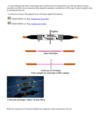 - Le raccordement par Splice mécanique qui est utilisé pour les réparations à la suite de rupture ou pour
raccorder une fibre et un connecteur déja équipé de quelques centimètres de fibre que l'on peut acquérir dans
le commerce(Pig tail).
- La fusion au moyen d'un appareil à arc électrique appelé fusionneuse.

     VIDEO MPEG 2.8 Meg Préparation de la fibre

     VIDEO MPEG 6.4 Meg Soudure de la fibre




                               Trois exemples de connexions en fibre optique




Connexion mécanique "splice" de deux fibres



Boîte de connexion où l'on peut installer des coupleurs ou des connecteurs Pig tail.
 