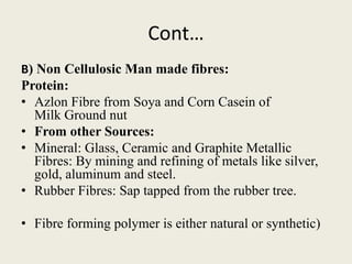 Cont…
B) Non Cellulosic Man made fibres:
Protein:
• Azlon Fibre from Soya and Corn Casein of
Milk Ground nut
• From other Sources:
• Mineral: Glass, Ceramic and Graphite Metallic
Fibres: By mining and refining of metals like silver,
gold, aluminum and steel.
• Rubber Fibres: Sap tapped from the rubber tree.
• Fibre forming polymer is either natural or synthetic)
 
