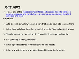 JUTE FIBRE
 Jute is one of the cheapest natural fibres and is second only to cotton in
   amount produced and variety fibres are composed primarily of the plant
   cellulose and lignin .
Properties

 Jute is a long, soft, shiny vegetable fibre that can be spun into coarse, strong

 It is a lingo -cellulosic fibre that is partially a textile fibre and partially wood.

 The plant grows up to a height of 2.5m and its fibre length is about 2m.

 it is generally used in geo textiles.

 it has a good resistance to microorganisms and insects.

 it has low wet strength, low elongation and inexpensive to reduce
 