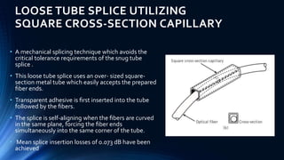 LOOSE TUBE SPLICE UTILIZING
SQUARE CROSS-SECTION CAPILLARY
• A mechanical splicing technique which avoids the
critical tolerance requirements of the snug tube
splice .
• This loose tube splice uses an over- sized square-
section metal tube which easily accepts the prepared
ﬁber ends.
• Transparent adhesive is ﬁrst inserted into the tube
followed by the ﬁbers.
• The splice is self-aligning when the ﬁbers are curved
in the same plane, forcing the ﬁber ends
simultaneously into the same corner of the tube.
• Mean splice insertion losses of 0.073 dB have been
achieved
 