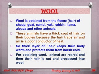 WOOL
 Wool is obtained from the fleece (hair) of
sheep, goat, camel, yak, rabbit, llama,
alpaca and other animals.
 These animals have a thick coat of hair on
their bodies because the hair traps air and
air is a poor conductor of heat.
 So thick layer of hair keeps their body
warm and protects them from harsh cold.
 For obtaining wool, animal are reared and
then their hair is cut and processed into
wool.
Thursday, January 18, 2018RAVI PRAKASH SINGH 14
 