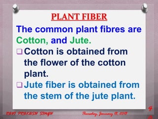 PLANT FIBER
The common plant fibres are
Cotton, and Jute.
Cotton is obtained from
the flower of the cotton
plant.
Jute fiber is obtained from
the stem of the jute plant.
Thursday, January 18, 2018RAVI PRAKASH SINGH
4
 