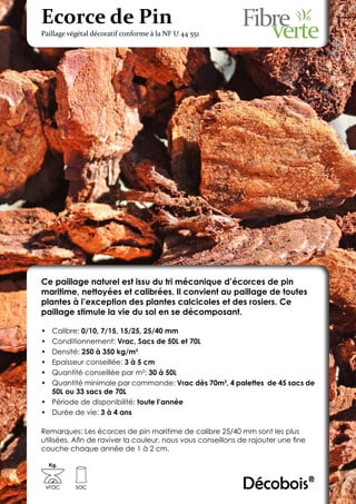 Ecorce de Pin
Paillage végétal décoratif conforme à la NF U 44 551




Ce paillage naturel est issu du tri mécanique d’écorces de pin
maritime, nettoyées et calibrées. Il convient au paillage de toutes
plantes à l’exception des plantes calcicoles et des rosiers. Ce
paillage stimule la vie du sol en se décomposant.

•	 Calibre: 0/10, 7/15, 15/25, 25/40 mm
•	 Conditionnement: Vrac, Sacs de 50L et 70L
•	 Densité: 250 à 350 kg/m3
•	 Epaisseur conseillée: 3 à 5 cm
•	 Quantité conseillée par m²: 30 à 50L
•	 Quantité minimale par commande: Vrac dès 70m3, 4 palettes de 45 sacs de
   50L ou 33 sacs de 70L
•	 Période de disponibilité: toute l’année
•	 Durée de vie: 3 à 4 ans

Remarques: Les écorces de pin maritime de calibre 25/40 mm sont les plus
utilisées. Afin de raviver la couleur, nous vous conseillons de rajouter une fine
couche chaque année de 1 à 2 cm.

     Kg.



 vrac      sac                                               Décobois®
 
