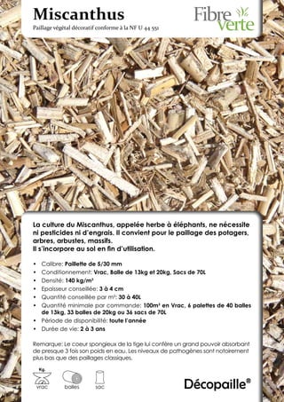 Miscanthus
Paillage végétal décoratif conforme à la NF U 44 551




La culture du Miscanthus, appelée herbe à éléphants, ne nécessite
ni pesticides ni d’engrais. Il convient pour le paillage des potagers,
arbres, arbustes, massifs.
Il s’incorpore au sol en fin d’utilisation.

•	 Calibre: Paillette de 5/30 mm
•	 Conditionnement: Vrac, Balle de 13kg et 20kg, Sacs de 70L
•	 Densité: 140 kg/m3
•	 Epaisseur conseillée: 3 à 4 cm
•	 Quantité conseillée par m²: 30 à 40L
•	 Quantité minimale par commande: 100m3 en Vrac, 6 palettes de 40 balles
   de 13kg, 33 balles de 20kg ou 36 sacs de 70L
•	 Période de disponibilité: toute l’année
•	 Durée de vie: 2 à 3 ans

Remarque: Le coeur spongieux de la tige lui confère un grand pouvoir absorbant
de presque 3 fois son poids en eau. Les niveaux de pathogènes sont notoirement
plus bas que des paillages classiques.
     Kg.



 vrac        balles      sac                           Décopaille®
 
