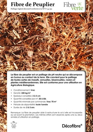 Fibre de Peuplier
Paillage végétal décoratif conforme à la NF U 44 551




La fibre de peuplier est un paillage de pH neutre qui se décompose
en humus au contact de la terre. Elle convient pour le paillage
de toutes sortes de massifs, annuelles, bisannuelles, rosiers et
plantes méditerranéennes. Elle est conforme pour une utilisation en
Agriculture Biologique.

•	 Conditionnement: Vrac
•	 Densité: 350 kg/m3
•	 Epaisseur conseillée: 3 à 5 cm
•	 Quantité conseillée par m²: 30 à 50L
•	 Quantité minimale par commande: Vrac 70 m3
•	 Période de disponibilité: toute l’année
•	 Durée de vie: 2 à 3 ans

Remarque: La fibre de peuplier aide à restructurer le sol si elle est incorporée
au sol avant la plantation. Les mêmes effets sont observés après une ou deux
années d’utilisation en paillage.

  Kg.



 vrac                                                    Décofibre®
 