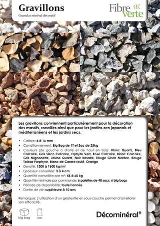 Gravillons
Granulat minéral décoratif




Les gravillons conviennent particulièrement pour la décoration
des massifs, rocailles ainsi que pour les jardins zen japonais et
méditerranéens et les jardins secs.

•	 Calibre: 4 à 16 mm
•	 Conditionnement: Big Bag de 1T et Sac de 25kg
•	 Couleurs (de gauche à droite et de haut en bas): Blanc Quartz, Bleu
   Calcaire, Gris Silico Calcaire, Ophyte Vert, Rose Calcaire, Blanc Calcaire,
   Gris Mignonette, Jaune Quartz, Noir Basalte, Rouge Ghorr Marbre, Rouge
   Tolosa Porphyre, Blanc de Carare roulé, Orange
•	 Densité: 1300 à 1600 kg/m3
•	 Epaisseur conseillée: 3 à 4 cm
•	 Quantité conseillée par m²: 45 à 60 kg
•	 Quantité minimale par commande: 6 palettes de 48 sacs, 6 big bags
•	 Période de disponibilité: toute l’année
•	 Durée de vie: supérieure à 10 ans

Remarque: L’utilisation d’un géotextile en sous-couche permet d’améliorer
son efficacité.



big bag      sac                                 Décominéral®
 