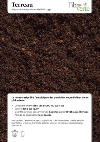 Terreau
Support de culture conforme à la NF U 44 551




Le terreau est prêt à l’emploi pour les plantation en jardinières ou en
pleine terre.

•	 Conditionnement: Vrac, Sac de 20L, 40L, 50L et 70L
•	 Densité: 500 à 600 kg/m3
•	 Quantité minimale par commande: 6 palettes (33/45/48/108 sacs), 40 m3 vrac
•	 Période de disponibilité: toute l’année

Remarques: De nombreuses compositions spécifiques telles que le terreau
plantation, universel, horticole, plantes verte et autres sont disponibles sur
demande.

  Kg.



 vrac     sac
 