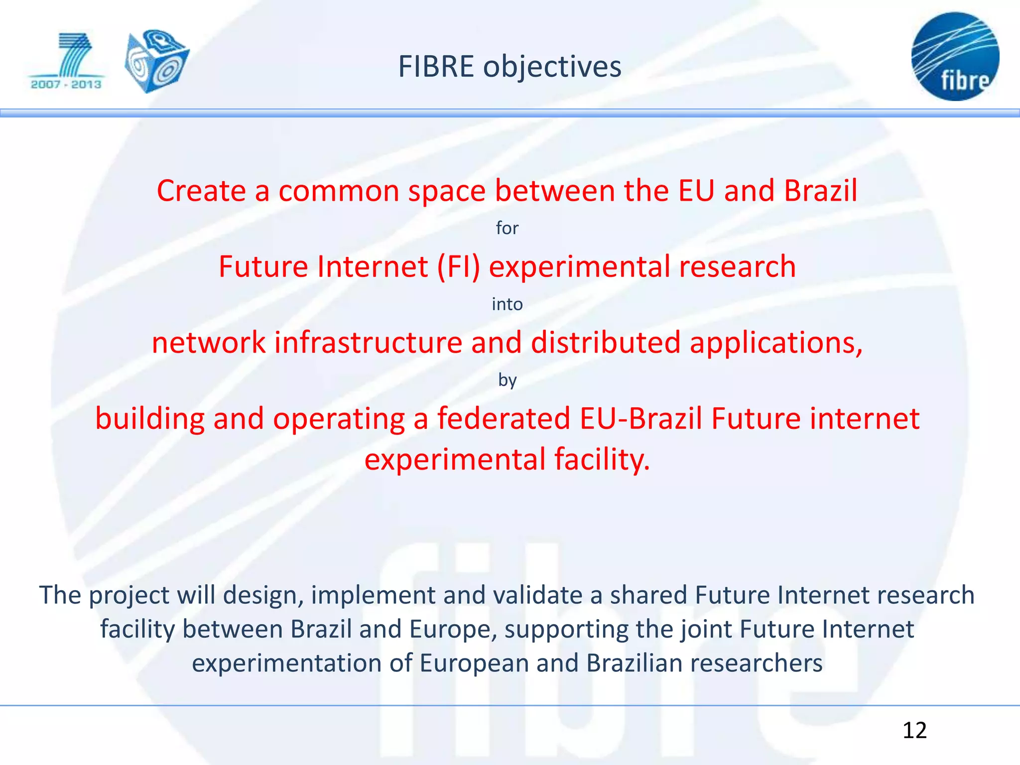 FIBRE objectives
Create a common space between the EU and Brazil
for
Future Internet (FI) experimental research
into
network infrastructure and distributed applications,
by
building and operating a federated EU-Brazil Future internet
experimental facility.
The project will design, implement and validate a shared Future Internet research
facility between Brazil and Europe, supporting the joint Future Internet
experimentation of European and Brazilian researchers
12
 