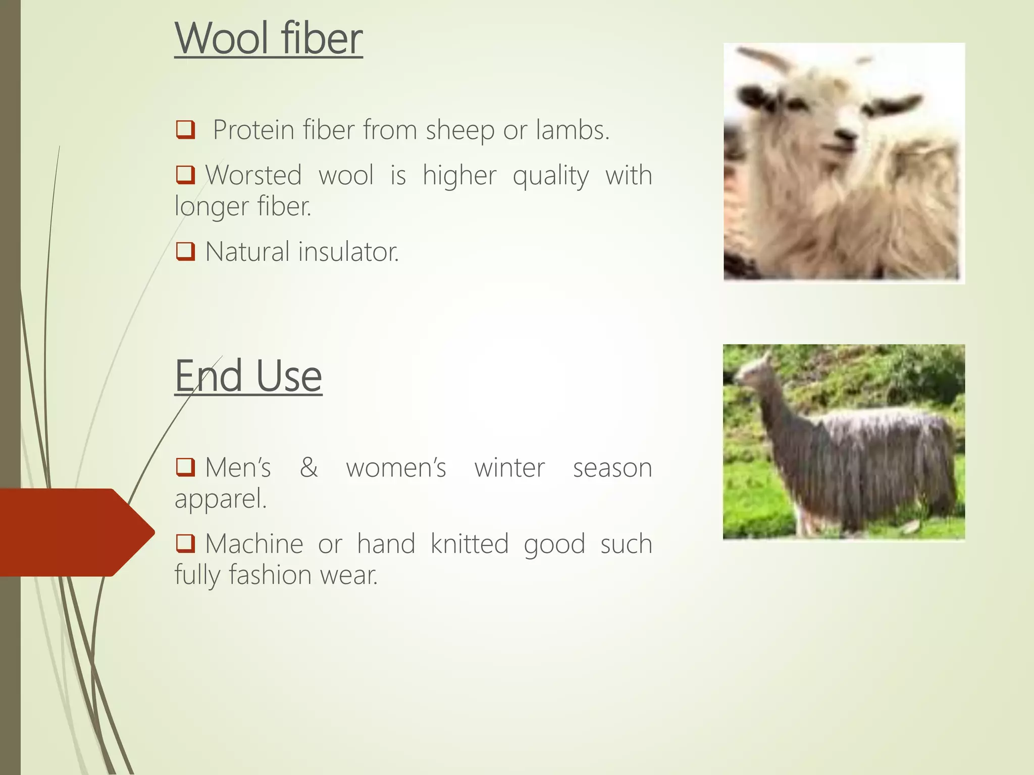 Wool fiber
 Protein fiber from sheep or lambs.
 Worsted wool is higher quality with
longer fiber.
 Natural insulator.
End Use
 Men’s & women’s winter season
apparel.
 Machine or hand knitted good such
fully fashion wear.
 