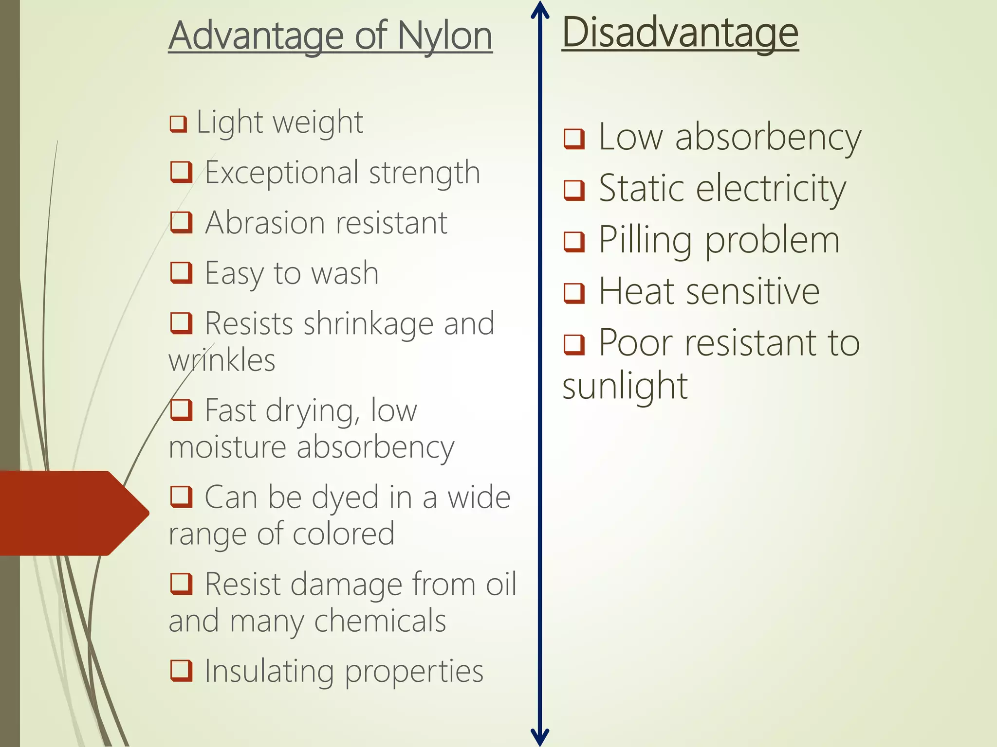 Advantage of Nylon
 Light weight
 Exceptional strength
 Abrasion resistant
 Easy to wash
 Resists shrinkage and
wrinkles
 Fast drying, low
moisture absorbency
 Can be dyed in a wide
range of colored
 Resist damage from oil
and many chemicals
 Insulating properties
Disadvantage
 Low absorbency
 Static electricity
 Pilling problem
 Heat sensitive
 Poor resistant to
sunlight
 