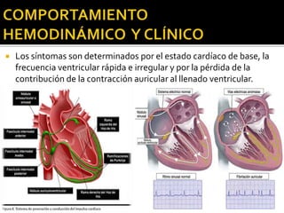 Los síntomas son determinados por el estado cardíaco de base, la
frecuencia ventricular rápida e irregular y por la pérdida de la
contribución de la contracción auricular al llenado ventricular.
 