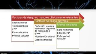 Factores de riesgo no mayores clínicamente relevantes
Factores de riesgo mayores
Stroke anterior
Menos validados
Tromboembolia
>75ª
Estenosis mitral
Prótesis valvular

Disfunción sistólica
ventricular izquierda
de moderada a
grave
Hipertensión arterial
Diabetes Mellitus

Sexo Femenino
Edad 65-74ª
Enfermedad
vascular

 