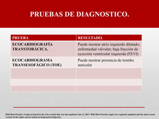PRUEBAS DE DIAGNOSTICO.
PRUEBA RESULTADO.
ECOCARDIOGRAFÍA
TRANSTORÁCICA.
Puede mostrar atrio izquierdo dilatado;
enfermedad valvular; baja fracción de
eyección ventricular izquierda (FEVI)
ECOCARDIOGRAMA
TRANSESOFÁGICO (TOE)
Puede mostrar presencia de trombo
auricular
BMJ Best Practice 4 topic is based on the web version that was last updated: Jan 12, 2017. BMJ Best Practice topics are regularly updated and the most recent
version of the topics can be found on bestpractice.bmj.com .
 
