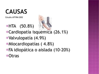 CAUSAS
Estudio AFFIRM 2002
⦿HTA (50.8%)
⦿Cardiopatía isquémica (26.1%)
⦿Valvulopatía (4.9%)
⦿Miocardiopatías ( 4.8%)
⦿FA idiopática o aislada (10-20%)
⦿Otras
 