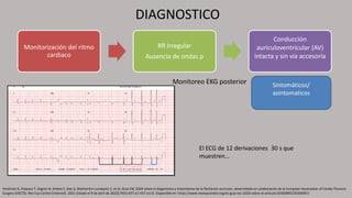 DIAGNOSTICO
Monitorización del ritmo
cardiaco
RR Irregular
Ausencia de ondas p
Conducción
auriculoventricular (AV)
intacta y sin vía accesoria
Monitoreo EKG posterior Sintomáticos/
asintomaticos
Hindricks G, Potpara T, Dagres N, Arbelo E, Bax JJ, Blomström-Lundqvist C, et al. Guía ESC 2020 sobre el diagnóstico y tratamiento de la fibrilación auricular, desarrollada en colaboración de la European Association of Cardio-Thoracic
Surgery (EACTS). Rev Esp Cardiol [Internet]. 2021 [citado el 9 de abril de 2022];74(5):437.e1-437.e116. Disponible en: https://www.revespcardiol.org/es-guia-esc-2020-sobre-el-articulo-S0300893220306953
El ECG de 12 derivaciones 30 s que
muestren…
 