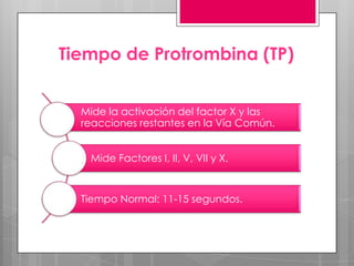 Tiempo de Protrombina (TP)
Mide la activación del factor X y las
reacciones restantes en la Vía Común.
Mide Factores I, II, V, VII y X.

Tiempo Normal: 11-15 segundos.

 