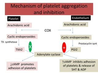 Mechanism of platelet aggregation
                and inhibition
      Platelet                                           Endothelium

     Arachidonic acid                              Arachidonic acid
                                   COX
     Cyclic endoperoxides                         Cyclic endoperoxides
TX- synthetase
                                                                Prostacyclin synt

            TXA2
                     X                            +      PGI2
                              Adenylate cyclase

                                                  ↑cAMP inhibits adhesion
       ↓cAMP promotes                              of platelets & release of
      adhesion of platelets                               5HT & ADP
 