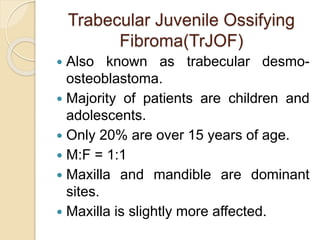 Trabecular Juvenile Ossifying 
Fibroma(TrJOF) 
 Also known as trabecular desmo-osteoblastoma. 
 Majority of patients are children and 
adolescents. 
 Only 20% are over 15 years of age. 
 M:F = 1:1 
 Maxilla and mandible are dominant 
sites. 
 Maxilla is slightly more affected. 
 