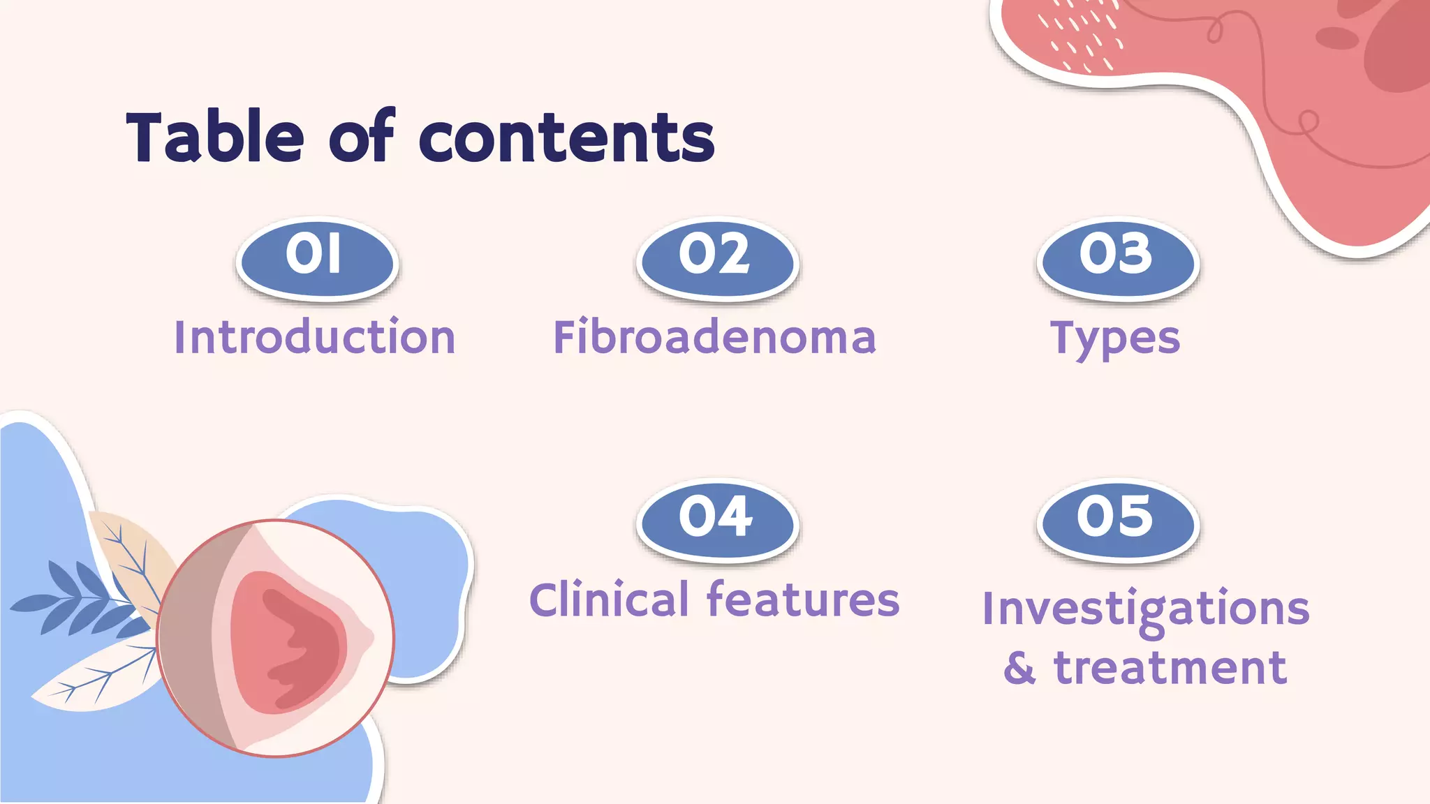 Table of contents
01
Introduction
02
Fibroadenoma
03
Types
04
Clinical features
05
Investigations
& treatment
 