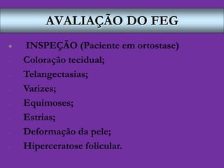AVALIAÇÃO DO FEG
 INSPEÇÃO (Paciente em ortostase)
- Coloração tecidual;
- Telangectasias;
- Varizes;
- Equimoses;
- Estrias;
- Deformação da pele;
- Hiperceratose folicular.
 