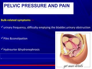 Bulk-related symptoms —
urinary frequency, difficulty emptying the bladder,urinary obstruction
Piles &constipation
Hydrourter &hydronephrosis
.
 