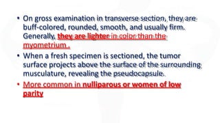 • On gross examination in transverse section, they are
buff-colored, rounded, smooth, and usually firm.
Generally, they are lighter in color than the
myometrium .
• When a fresh specimen is sectioned, the tumor
surface projects above the surface of the surrounding
musculature, revealing the pseudocapsule.
• More common in nulliparous or women of low
parity
 