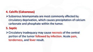 4. Calcific (Calcareous)
Subserous leiomyomata are most commonly affected by
circulatory deprivation, which causes precipitation of calcium
carbonate and phosphate within the tumor.
5. Septic
Circulatory inadequacy may cause necrosis of the central
portion of the tumor followed by infection. Acute pain,
tenderness, and fever result.
 