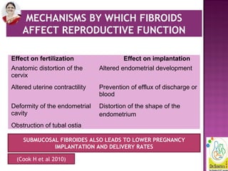 Effect on fertilization Effect on implantation
Anatomic distortion of the
cervix
Altered endometrial development
Altered uterine contractility Prevention of efflux of discharge or
blood
Deformity of the endometrial
cavity
Distortion of the shape of the
endometrium
Obstruction of tubal ostia
MECHANISMS BY WHICH FIBROIDS
AFFECT REPRODUCTIVE FUNCTION
SUBMUCOSAL FIBROIDES ALSO LEADS TO LOWER PREGNANCY
IMPLANTATION AND DELIVERY RATES
(Cook H et al 2010)
 