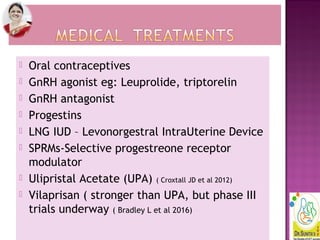  Oral contraceptives
 GnRH agonist eg: Leuprolide, triptorelin
 GnRH antagonist
 Progestins
 LNG IUD – Levonorgestral IntraUterine Device
 SPRMs-Selective progestreone receptor
modulator
 Ulipristal Acetate (UPA) ( Croxtall JD et al 2012)
 Vilaprisan ( stronger than UPA, but phase III
trials underway ( Bradley L et al 2016)
 