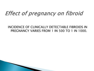 INCIDENCE OF CLINICALLY DETECTABLE FIBROIDS IN 
PREGNANCY VARIES FROM 1 IN 500 TO 1 IN 1000. 
 