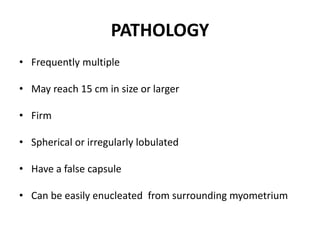 PATHOLOGY
• Frequently multiple
• May reach 15 cm in size or larger
• Firm
• Spherical or irregularly lobulated
• Have a false capsule
• Can be easily enucleated from surrounding myometrium
 